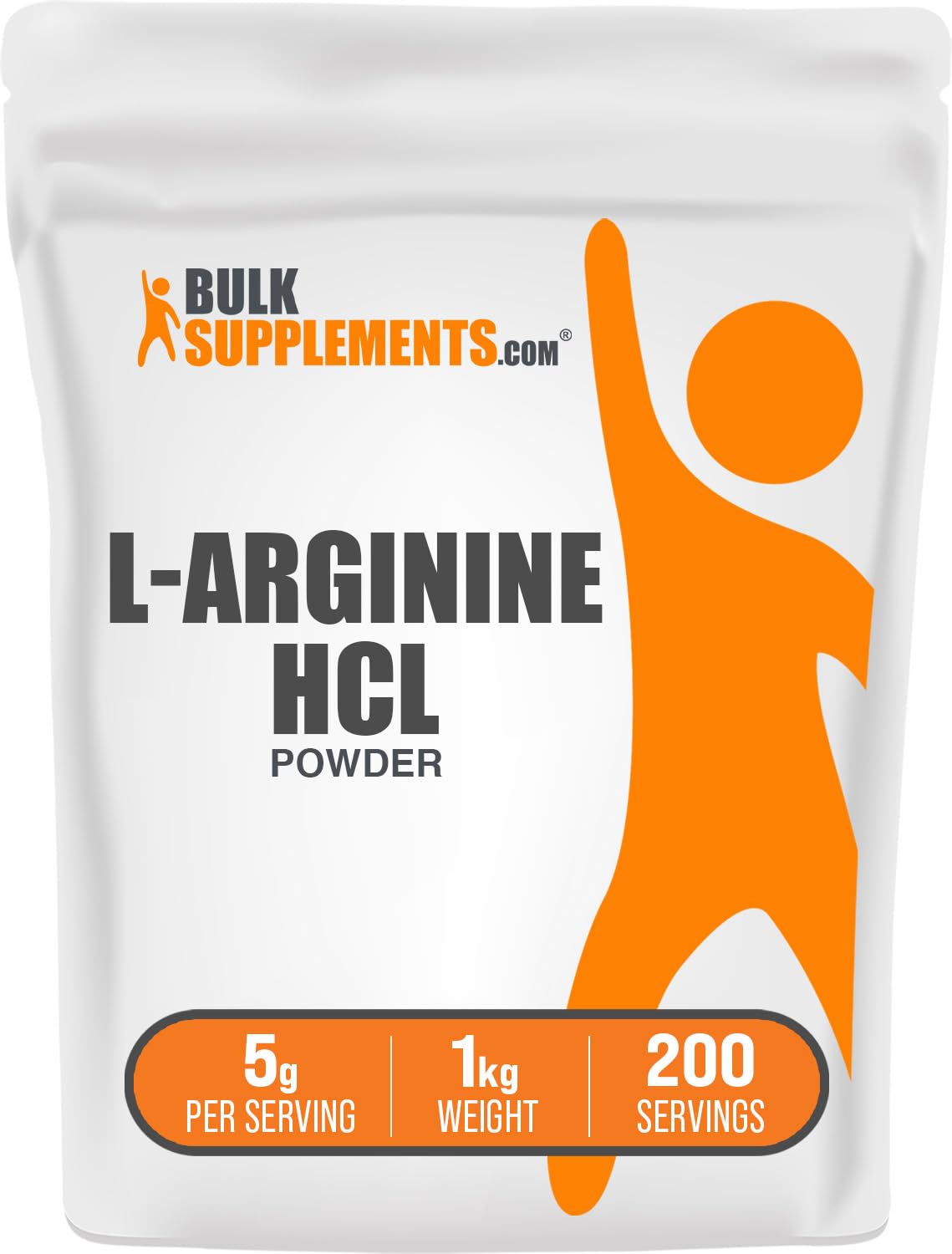 BulkSupplements paquete frontal de L-Arginina HCl mostrando tamaño y presentación