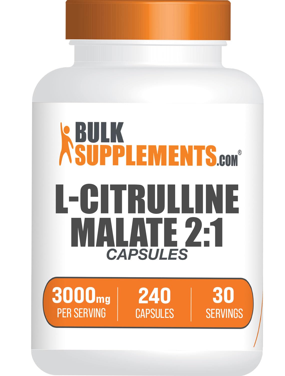 BulkSupplements frasco frontal mostrando 240 cápsulas y beneficios de formato portátil