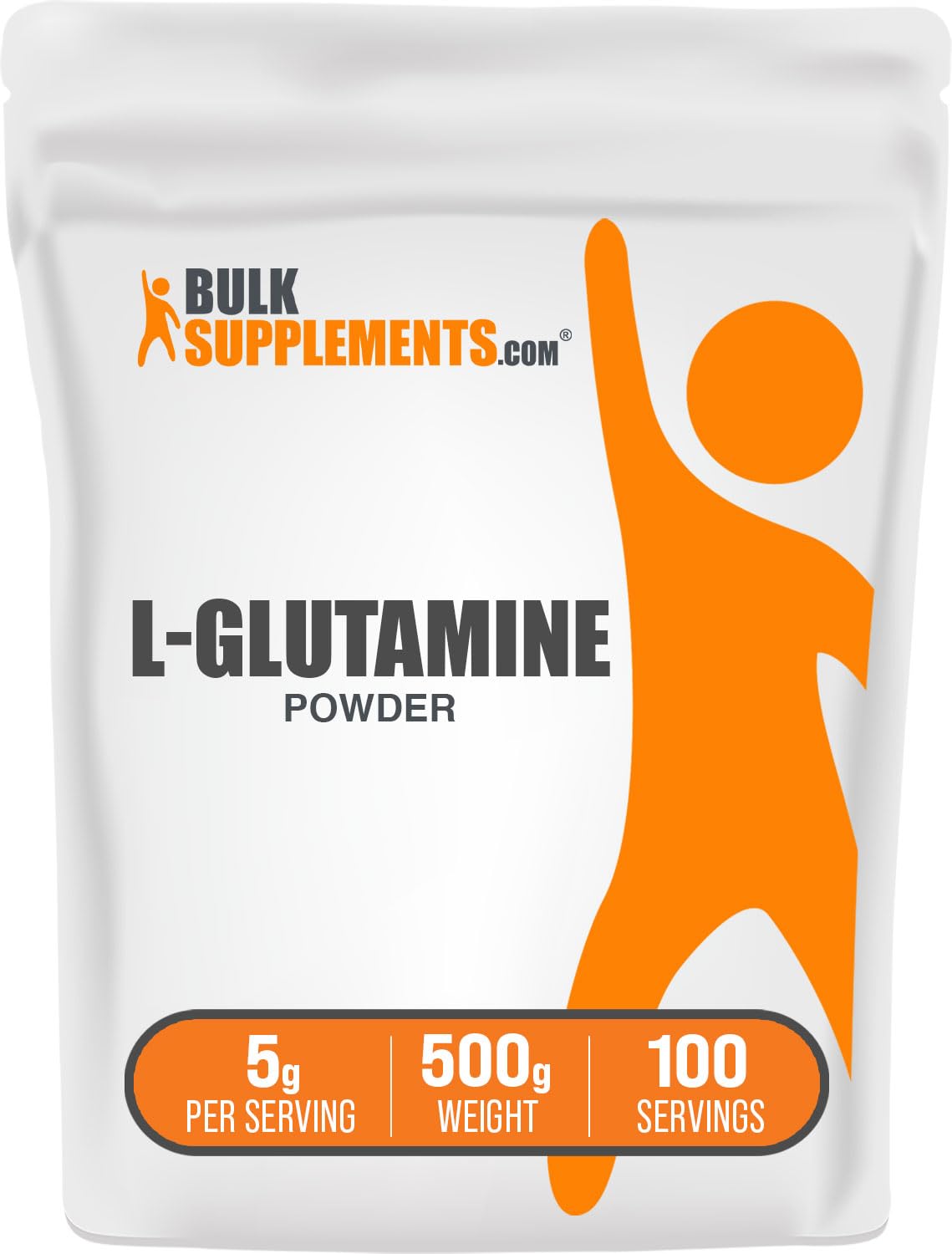 BulkSupplements envase frontal de L‑glutamina mostrando presentación y beneficio de dosis clara
