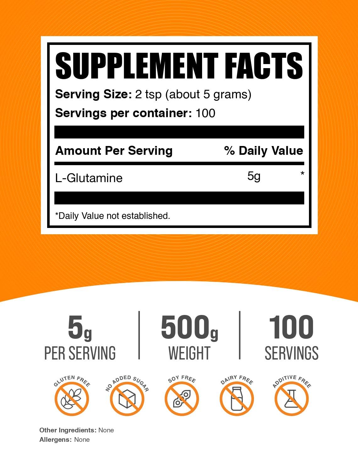 BulkSupplements textura del polvo de L‑glutamina en primer plano, fácil mezcla y disolución