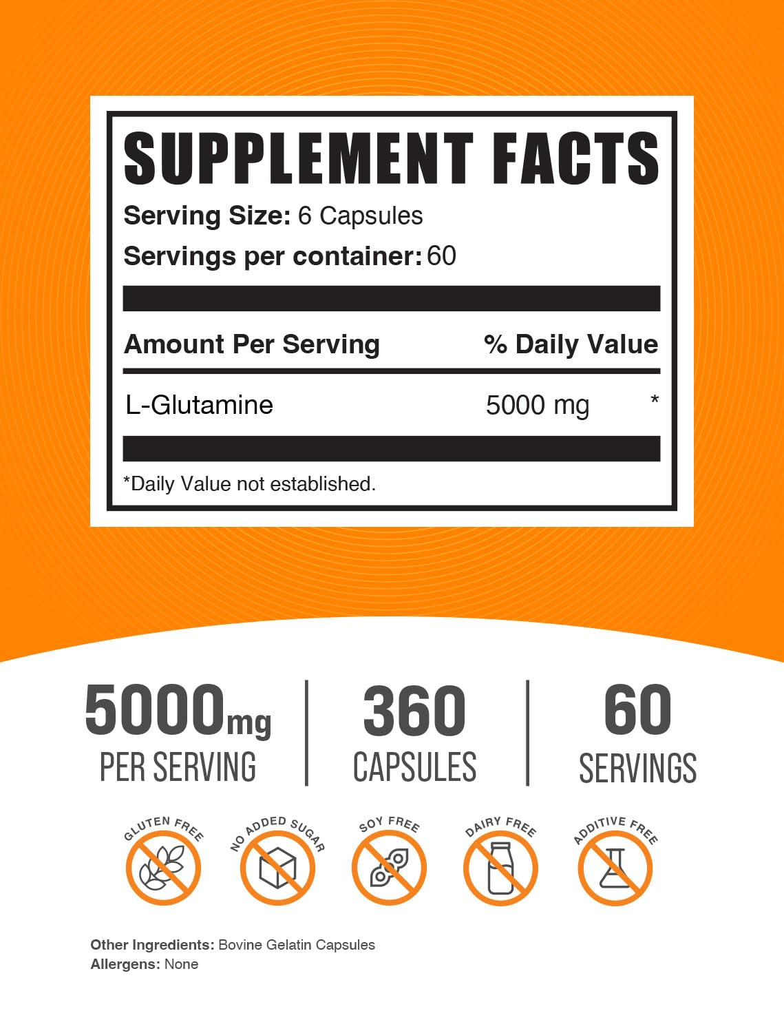BulkSupplements etiqueta detalle con información de 5.000 mg por porción y calidad