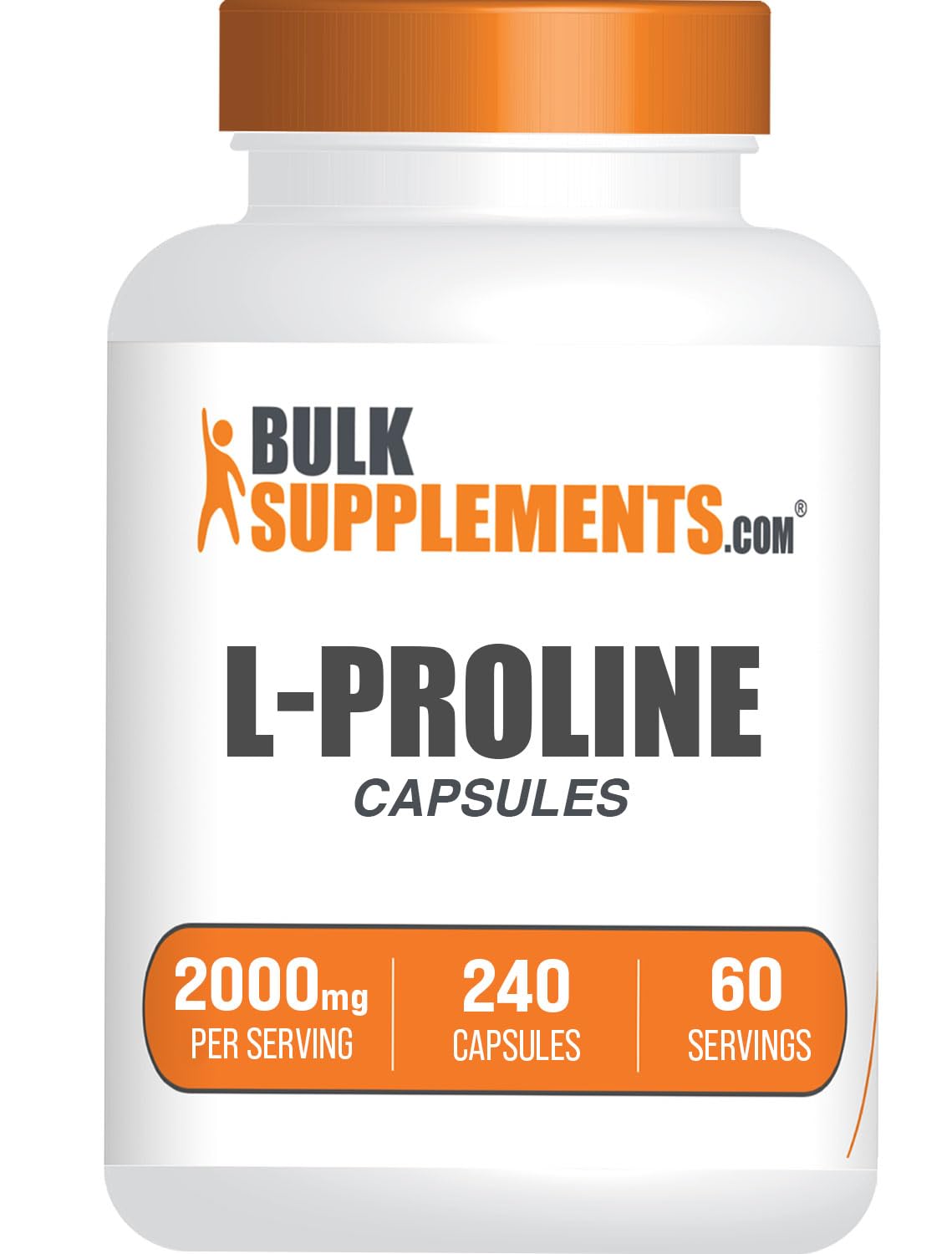 BulkSupplements envase frontal de L-Proline mostrando información y comodidad