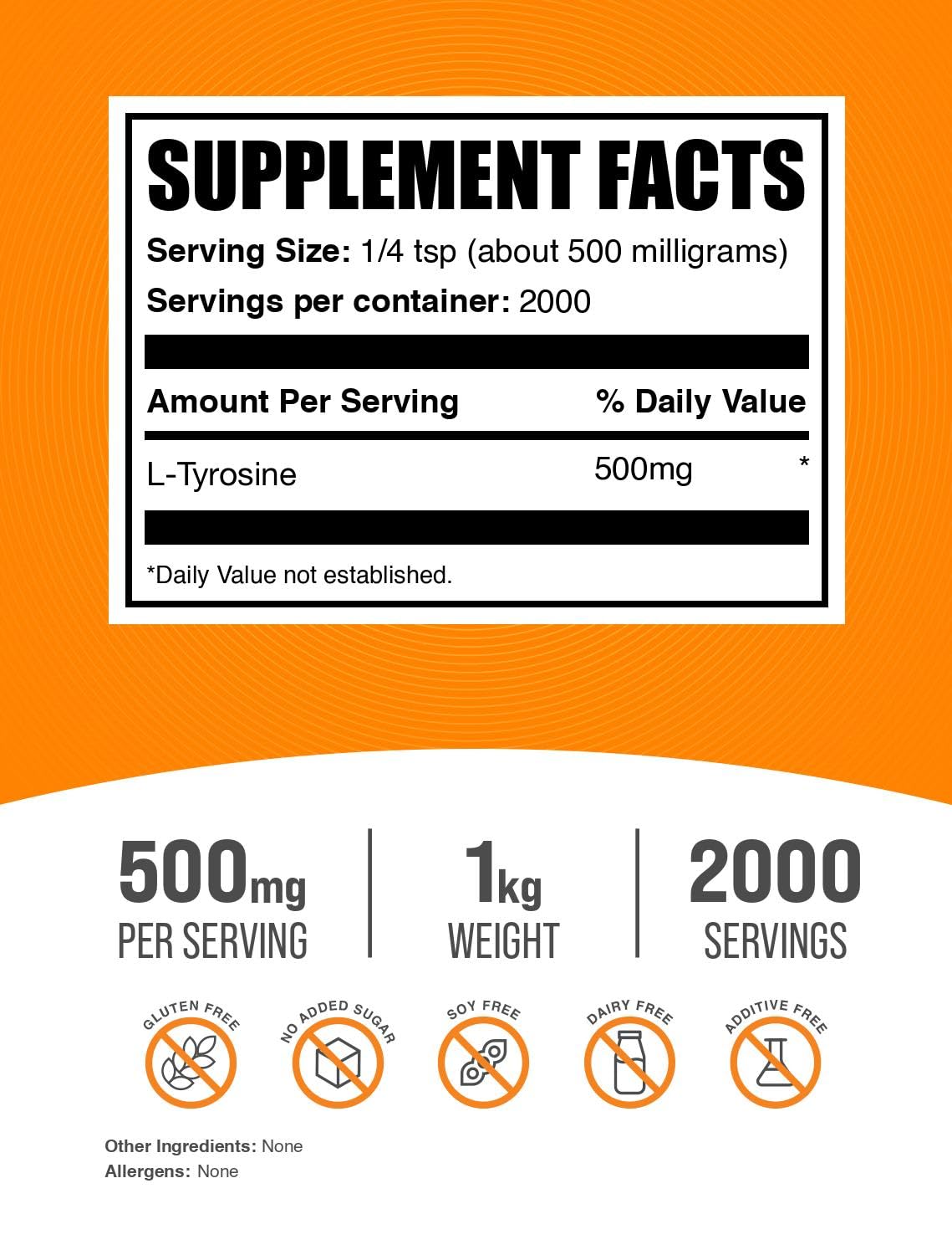 BulkSupplements textura del polvo de L‑Tirosina en primer plano, aspecto puro y fino