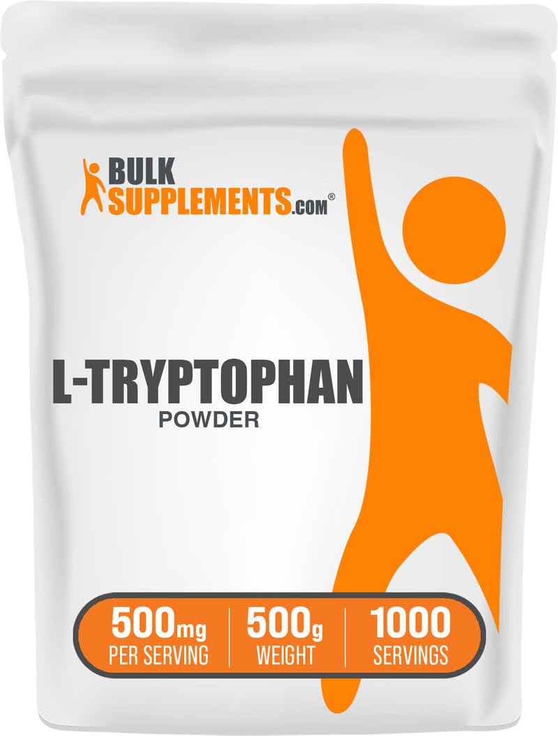 BulkSupplements envase frontal de L-Tryptophan 500 g mostrando el tamaño y la marca