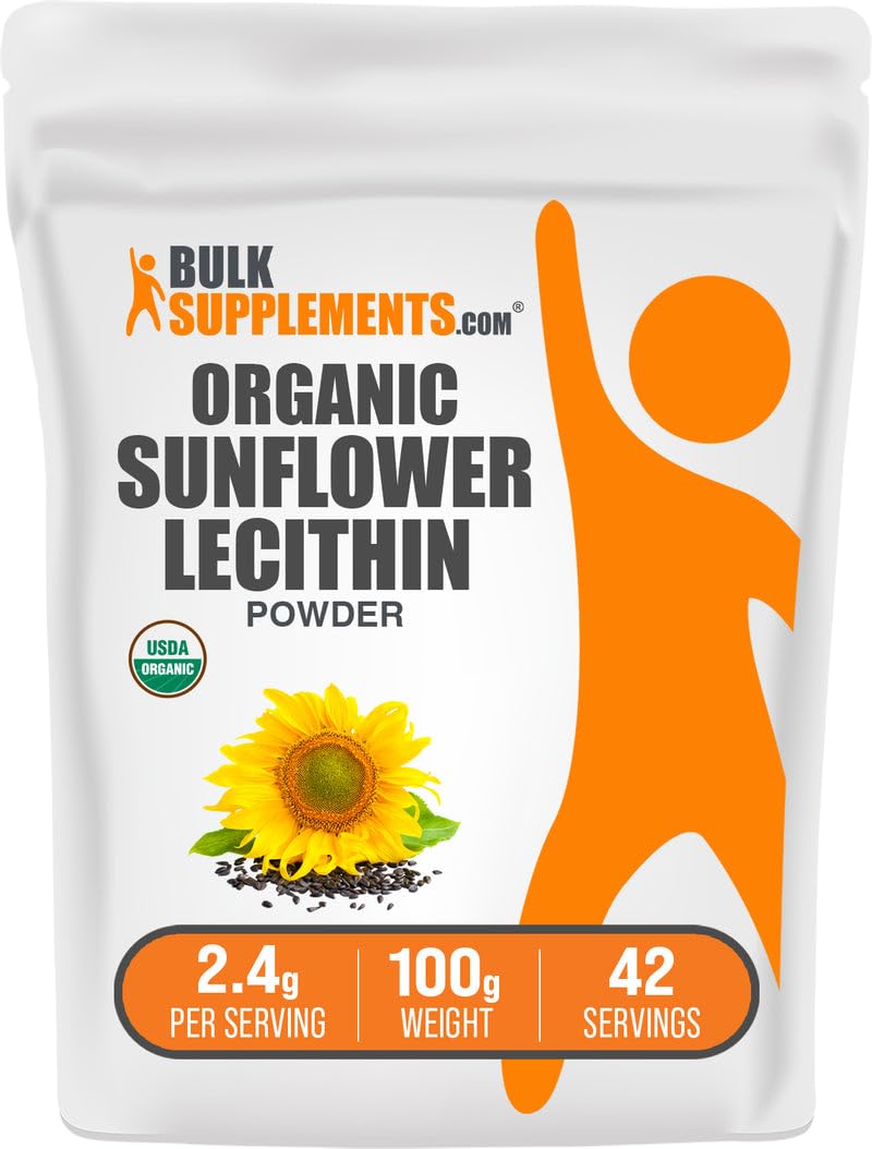 BulkSupplements frente del pack de lecitina de girasol orgánica mostrando el envase y tamaño