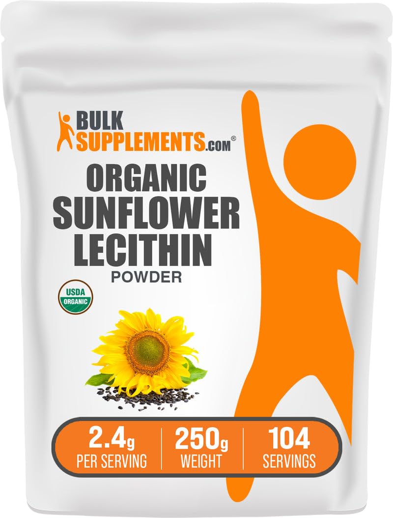BulkSupplements envase frontal de lecitina de girasol orgánica, fácil identificación