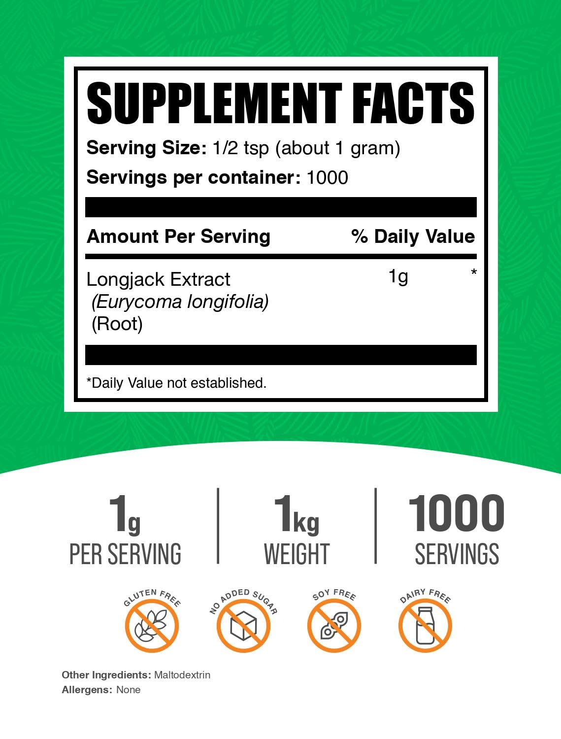 BulkSupplements polvo de Longjack en primer plano, textura fina y sin grumos