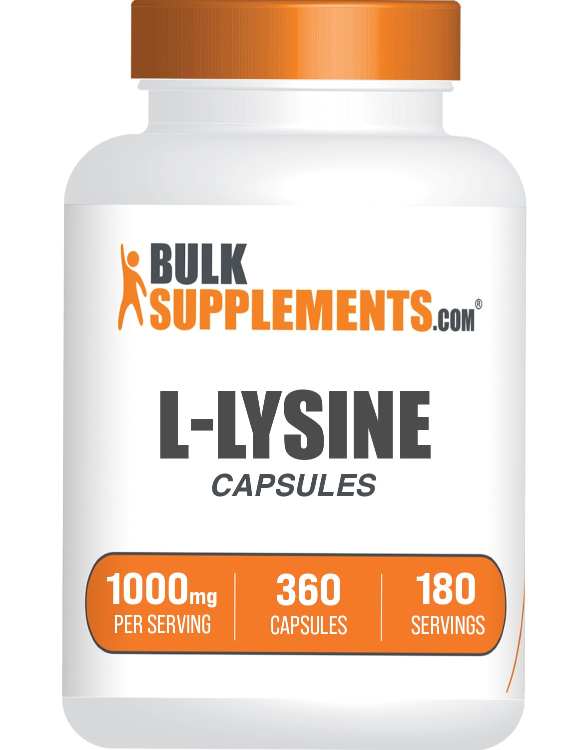 BulkSupplements envase frontal de L-Lysine HCl 360 cápsulas mostrando conveniencia