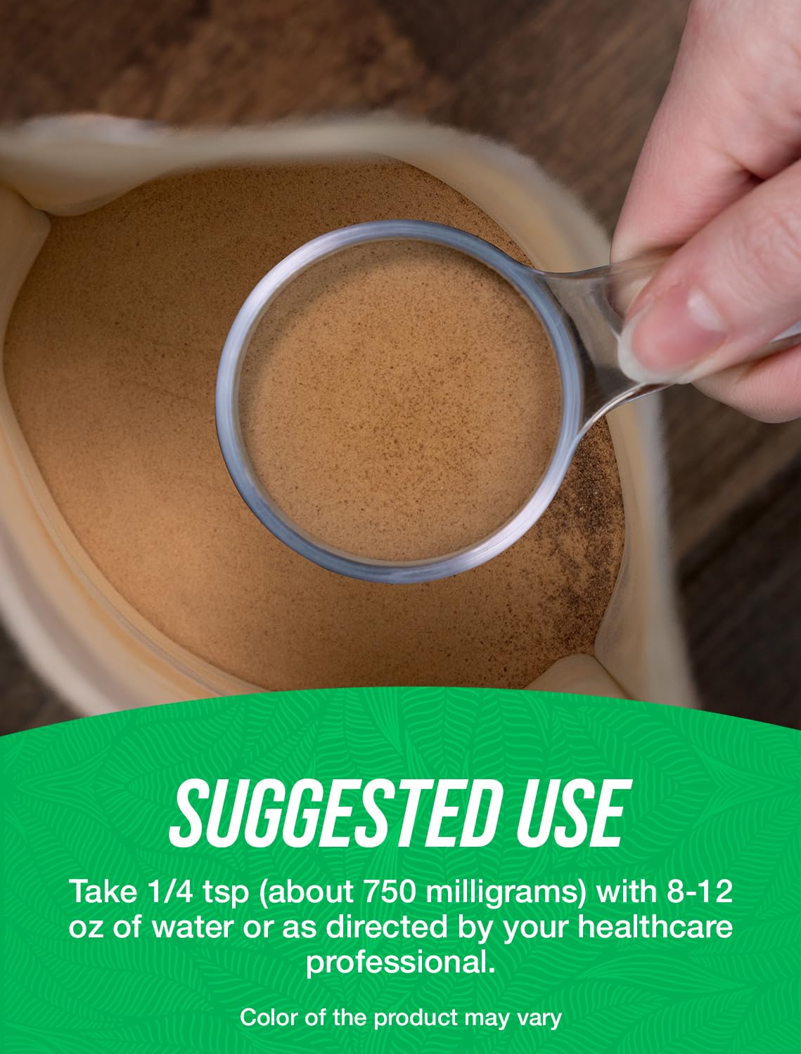 BulkSupplements cuchara con Maca negra para comparar cantidad y escala