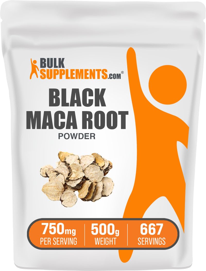BulkSupplements envase frontal de Maca negra mostrando presentación y tamaño