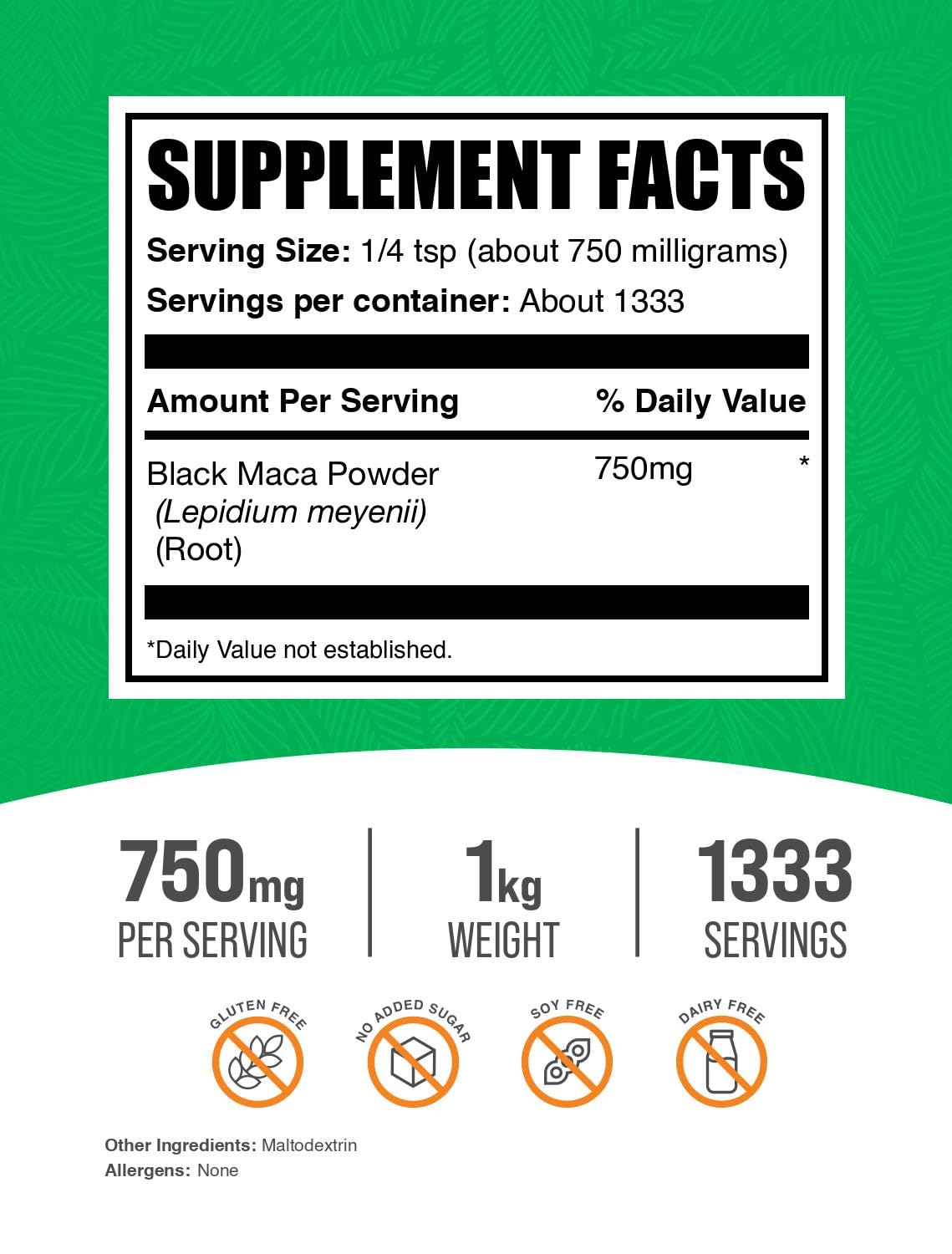 BulkSupplements textura fina del polvo de maca negra visual de pureza