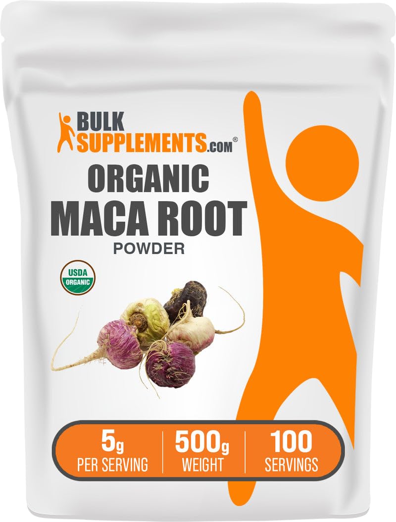 BulkSupplements envase frontal de maca orgánica mostrando presentación y confianza
