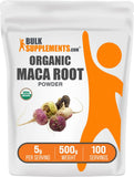 BulkSupplements envase frontal de maca orgánica mostrando presentación y confianza