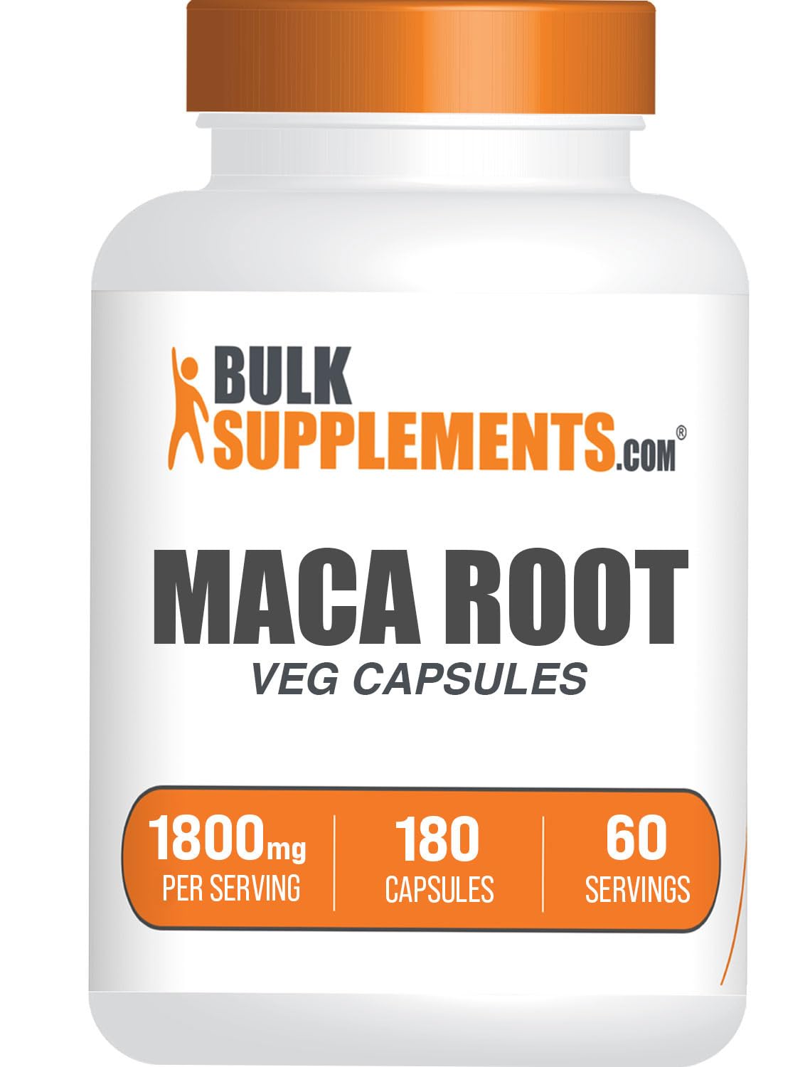 BulkSupplements envase frontal de Maca Root 180 cápsulas, presenta dosificación clara y comodidad