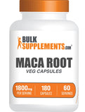 BulkSupplements envase frontal de Maca Root 180 cápsulas, presenta dosificación clara y comodidad