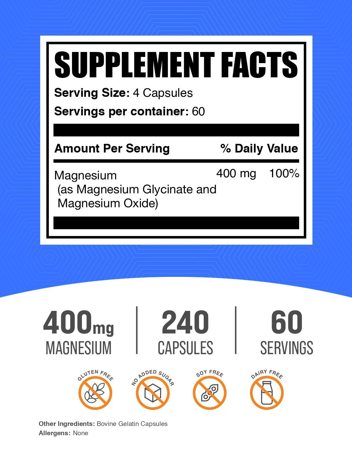 BulkSupplements primer plano de cápsulas de magnesio glicinato, fácil de tragar y dosificar