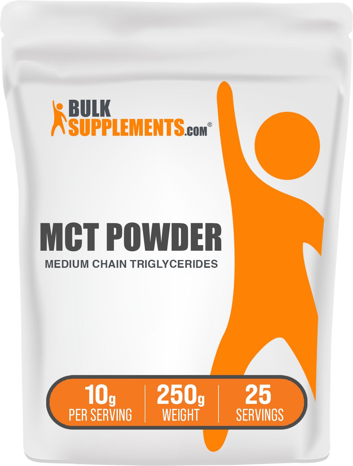BulkSupplements envase frontal de MCT Powder mostrando diseño y tamaño práctico