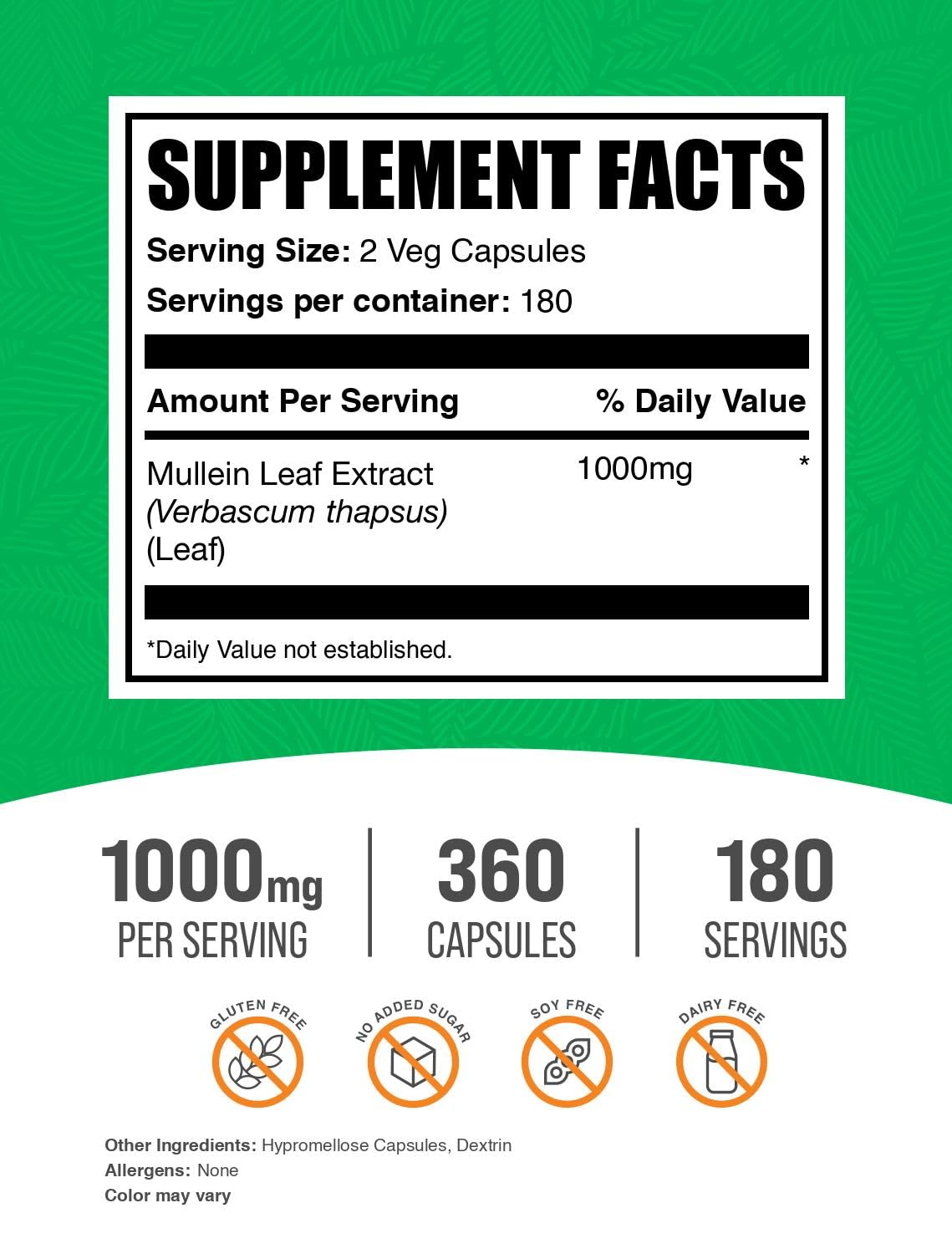 BulkSupplements cápsulas de hoja de mullein en primer plano para ver textura