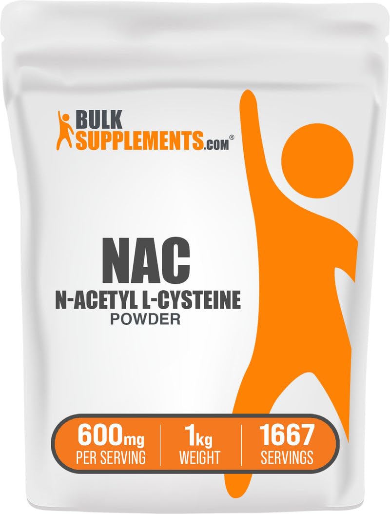 BulkSupplements envase frontal del NAC en polvo mostrando cantidad y formato, confianza en calidad