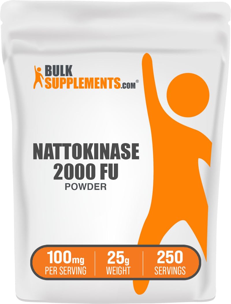 BulkSupplements envase frontal de nattokinasa con lectura clara de 25 g y 2000 FU
