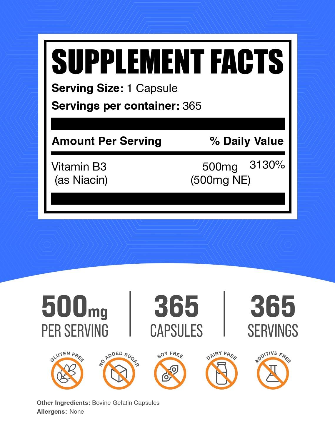 BulkSupplements primer plano de cápsula de Niacin mostrando textura y forma
