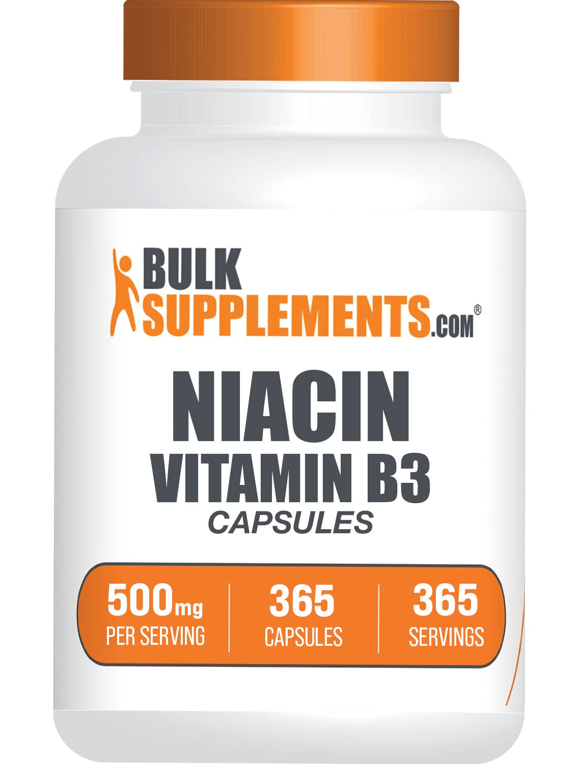BulkSupplements frasco frontal de Niacin 500 mg, presentación clara y cantidad