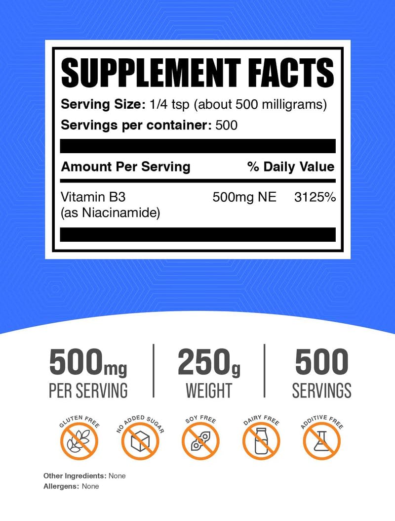 BulkSupplements polvo de niacinamida textura cercana, muestra fácil disolución y mezcla