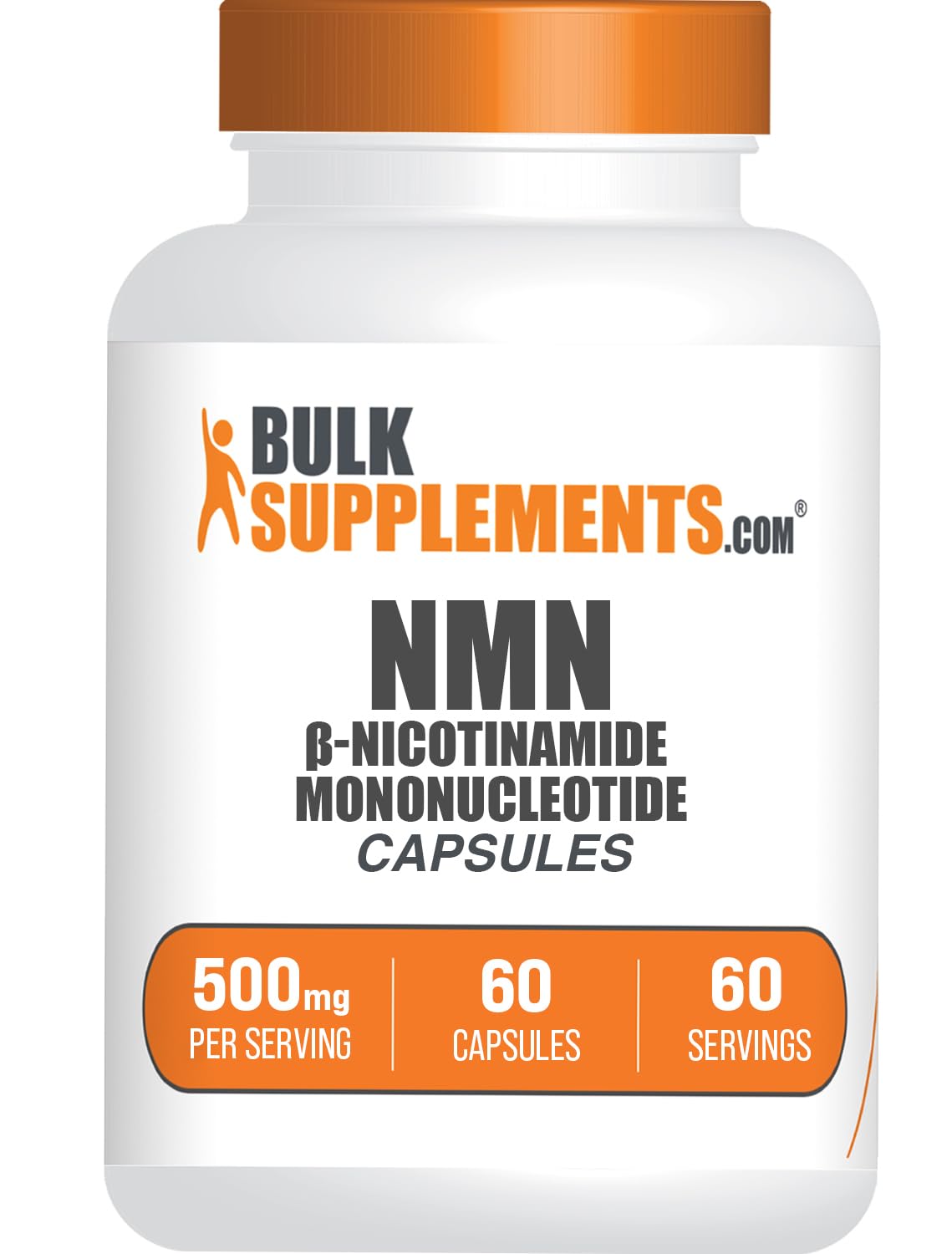 BulkSupplements frasco frontal del NMN, presentación clara y dosificación
