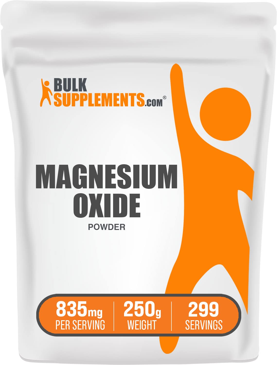 BulkSupplements frasco frontal de óxido de magnesio, presentación clara y útil