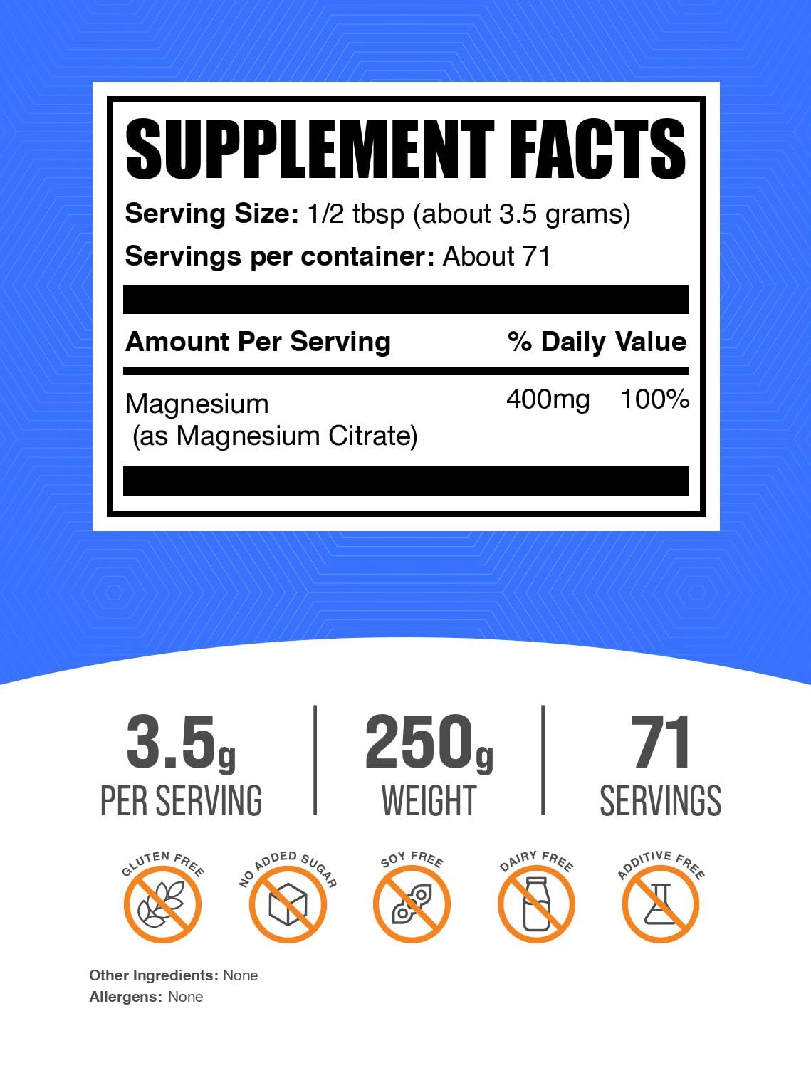 BulkSupplements textura en primer plano del polvo de citrato de magnesio, fácil disolución