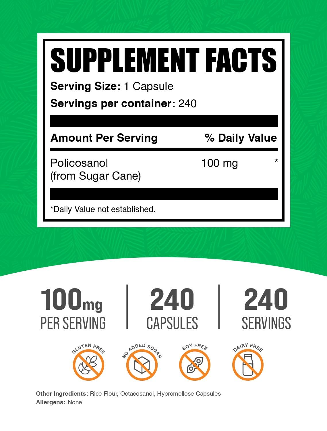 BulkSupplements primer plano de una cápsula de Policosanol que destaca su tamaño fácil de tragar