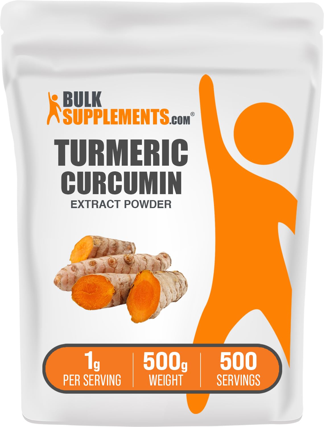 BulkSupplements envase frontal del polvo de cúrcuma mostrando tamaño y marca