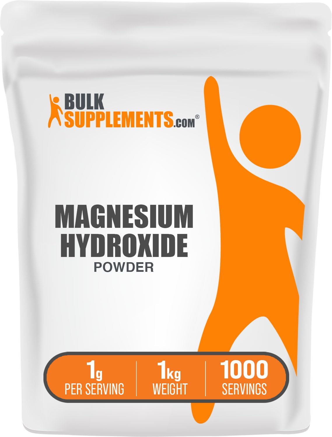 BulkSupplements envase frontal de Magnesium Hydroxide en polvo, presentación 1 kg y sin gluten