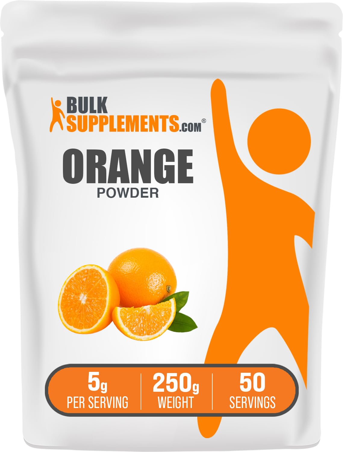 BulkSupplements empaque frontal de polvo de naranja, sabor natural y práctico