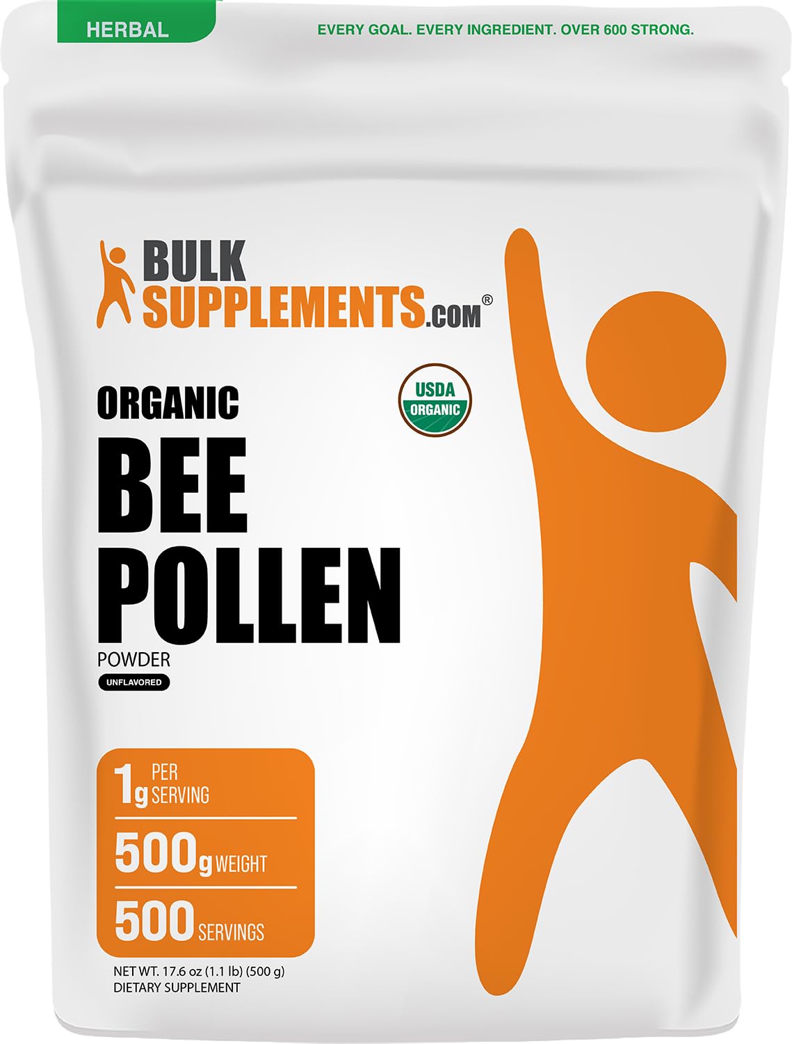 BulkSupplements empaque frontal de polen de abeja orgánico, presentación clara y práctica
