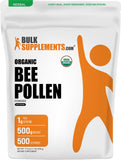 BulkSupplements empaque frontal de polen de abeja orgánico, presentación clara y práctica
