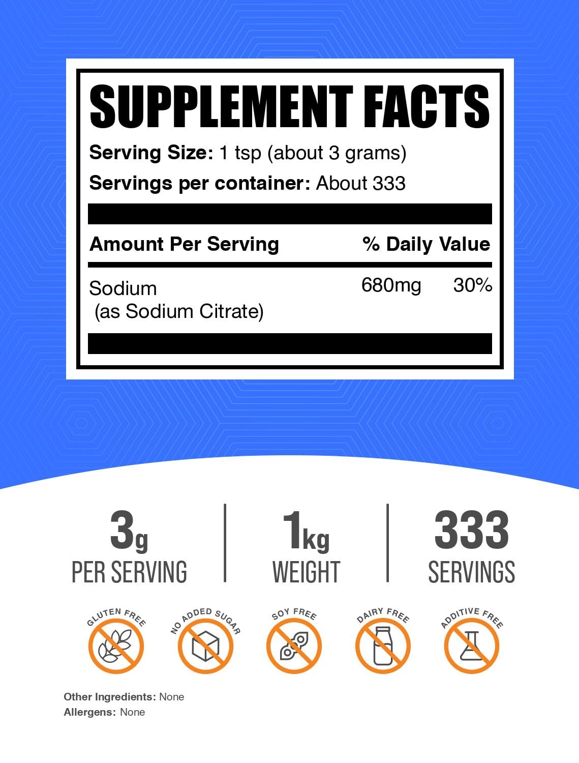 BulkSupplements polvo fino de citrato de sodio detalle de textura para mezcla fácil