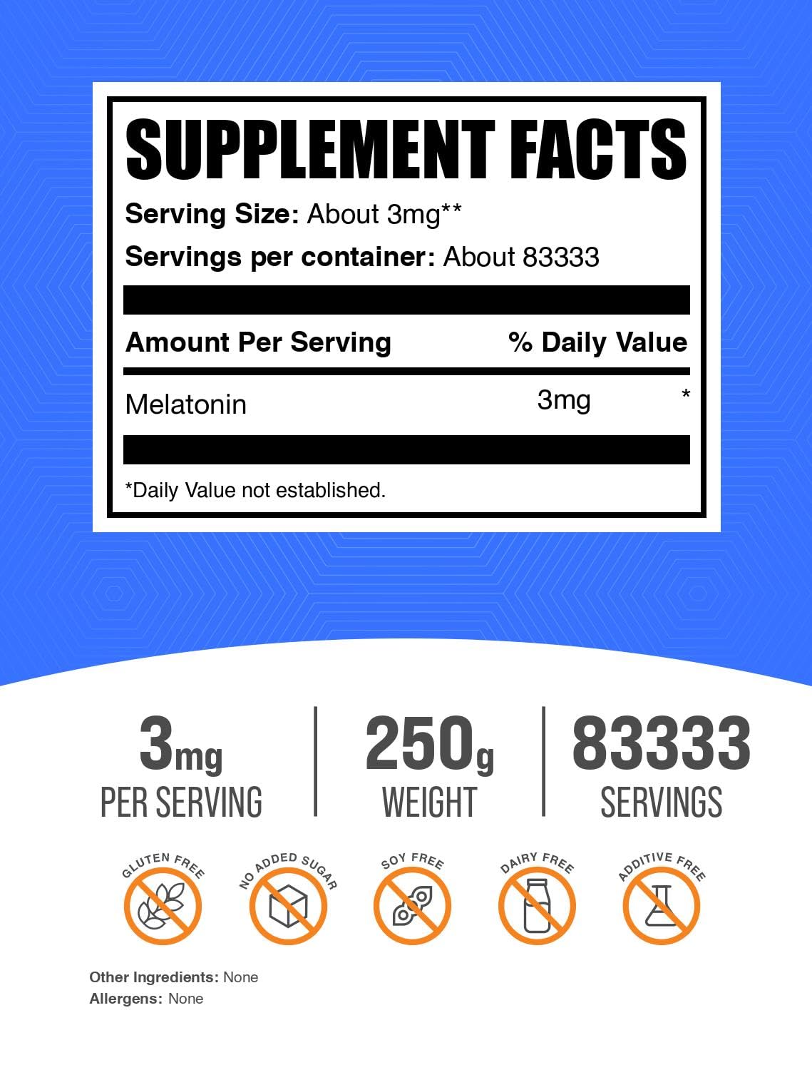 BulkSupplements primer plano del polvo de melatonina destacando textura fina y fácil mezcla
