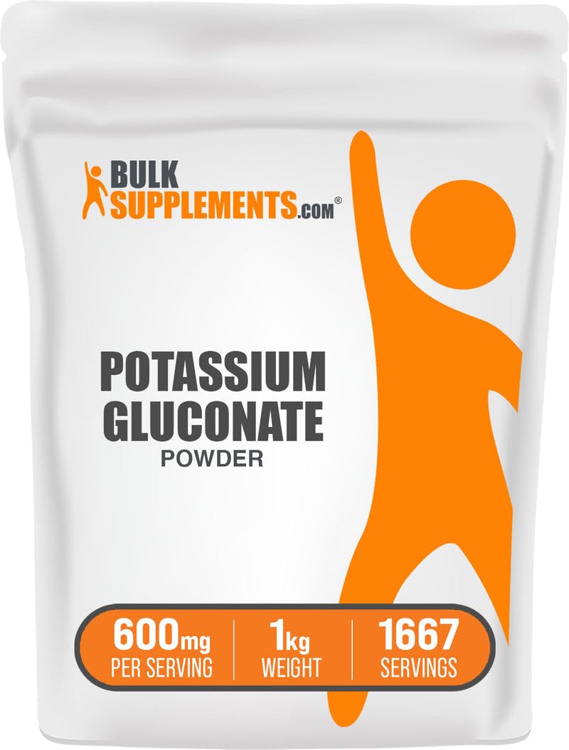 BulkSupplements envase frontal del gluconato de potasio, presentación clara y segura