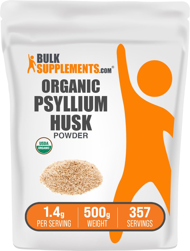 BulkSupplements envase frontal de psyllium orgánico, presentación clara y beneficios prácticos