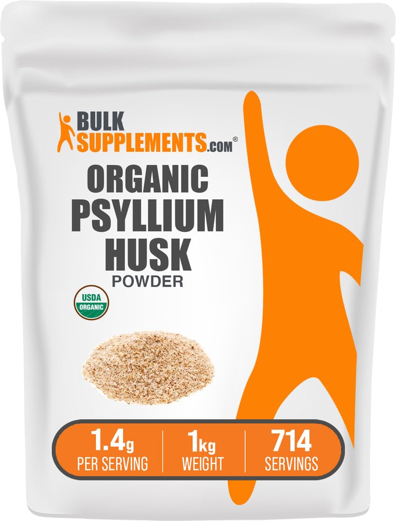 BulkSupplements empaque frontal del psyllium husk orgánico mostrando el tamaño y beneficios