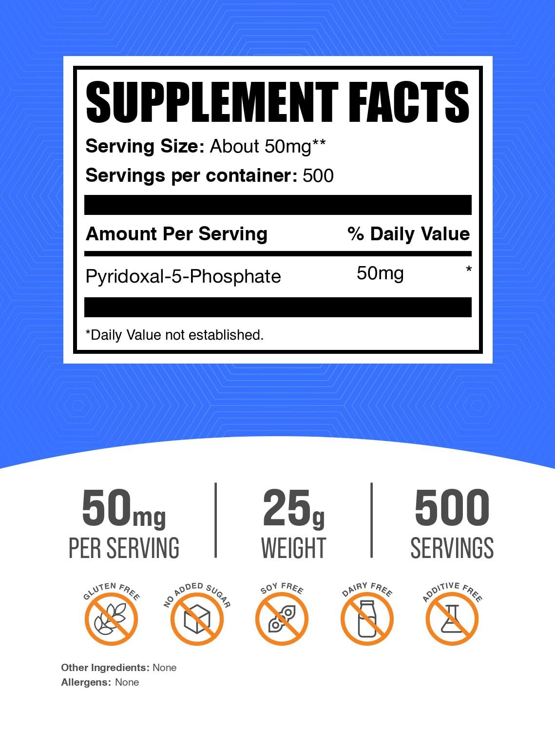 BulkSupplements polvo de pyridoxal-5-phosphate en cucharilla enfatizando pureza