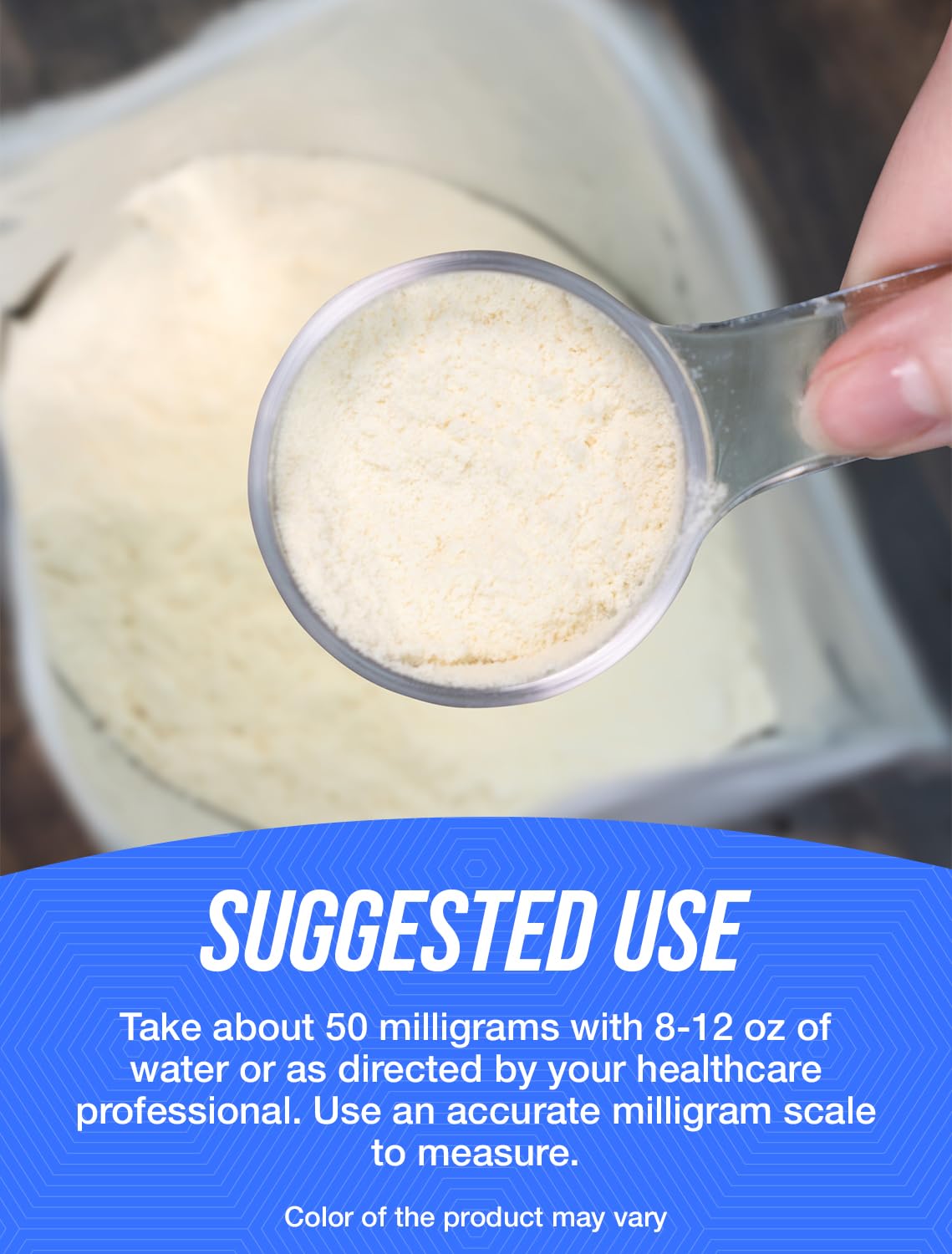 BulkSupplements envase junto a regla para comparar tamaño y cantidad