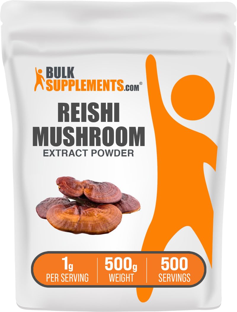 BulkSupplements frasco frontal del polvo de Reishi, muestra pureza y presentación