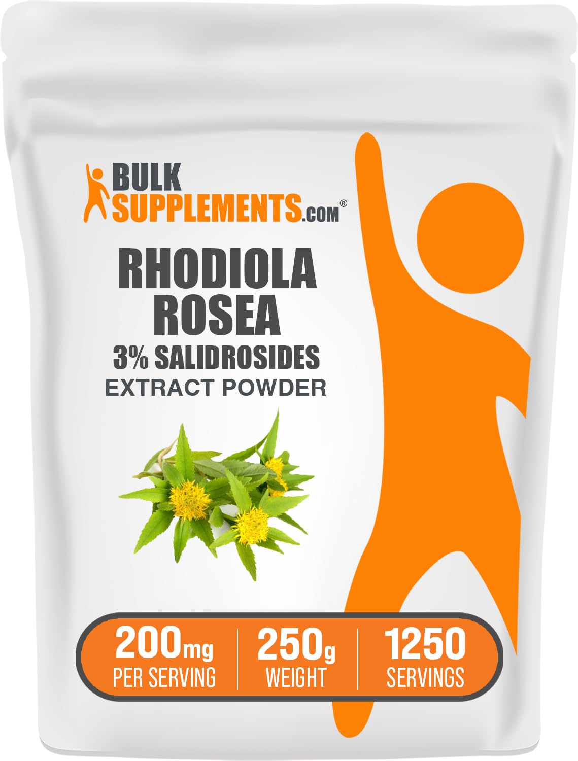 BulkSupplements envase frontal de Rhodiola en polvo, claridad de producto