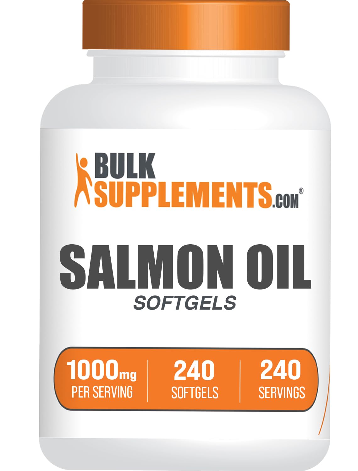 BulkSupplements frasco frontal de Salmon Oil 240 cápsulas mostrando presentación clara y cantidad