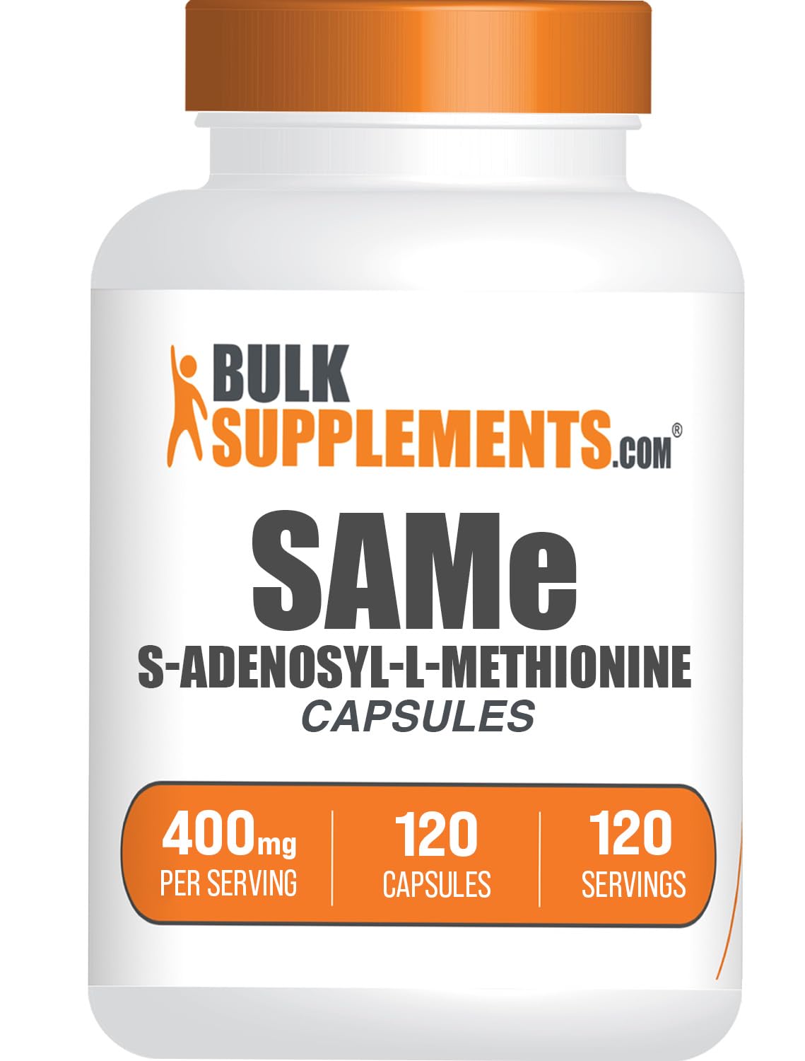 BulkSupplements frasco frontal SAM-e 400 mg, embalaje claro y dosis visible