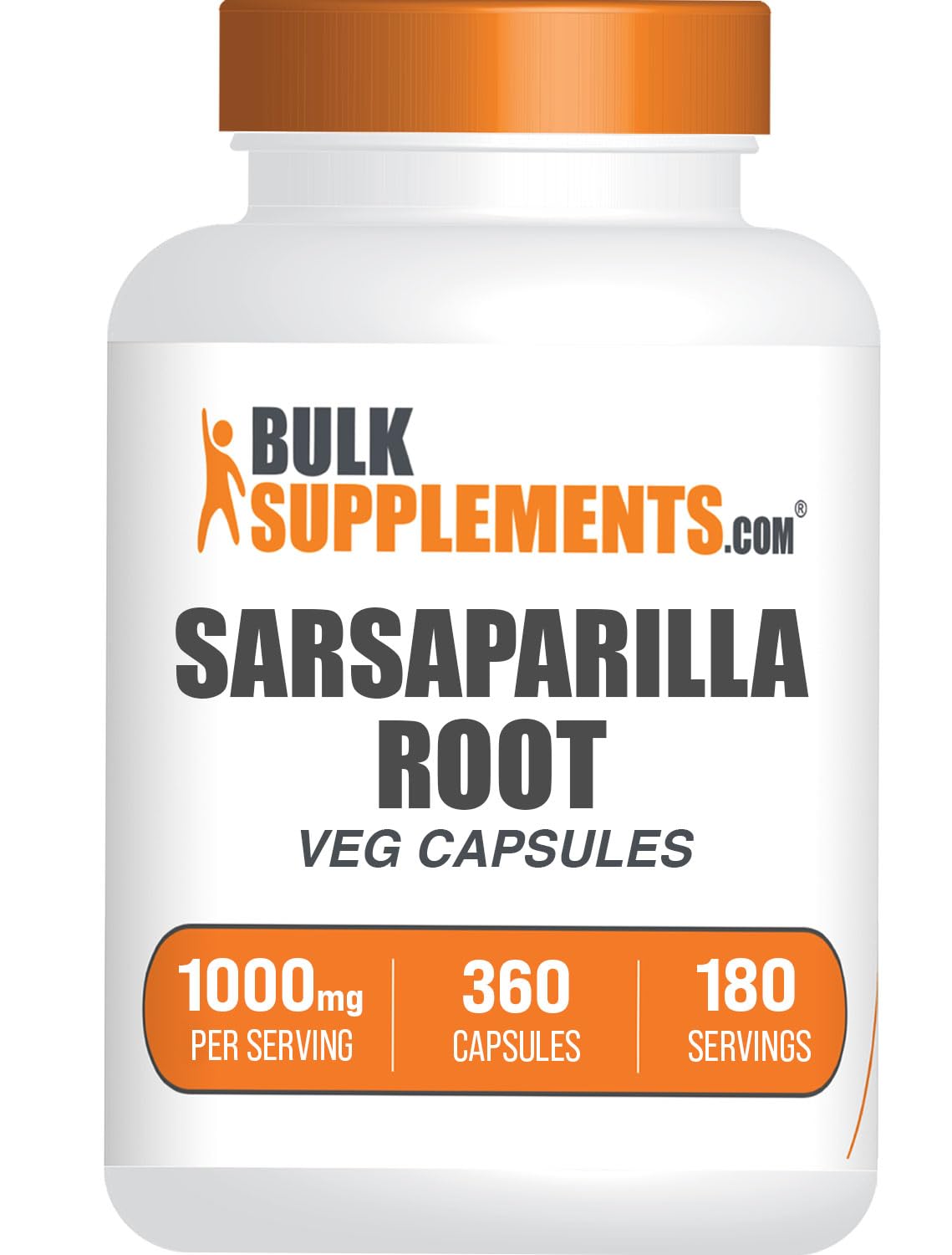 BulkSupplements frasco frontal de Sarsaparilla Root Extract, diseño claro y cantidad visible