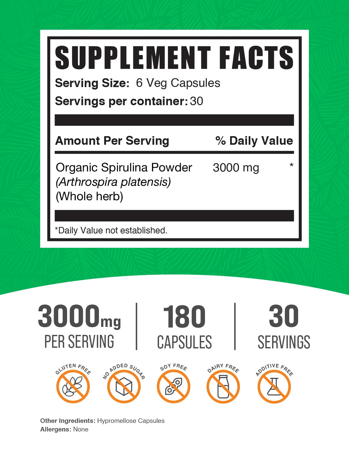 BulkSupplements primer plano de cápsulas veganas de spirulina fácil de tragar
