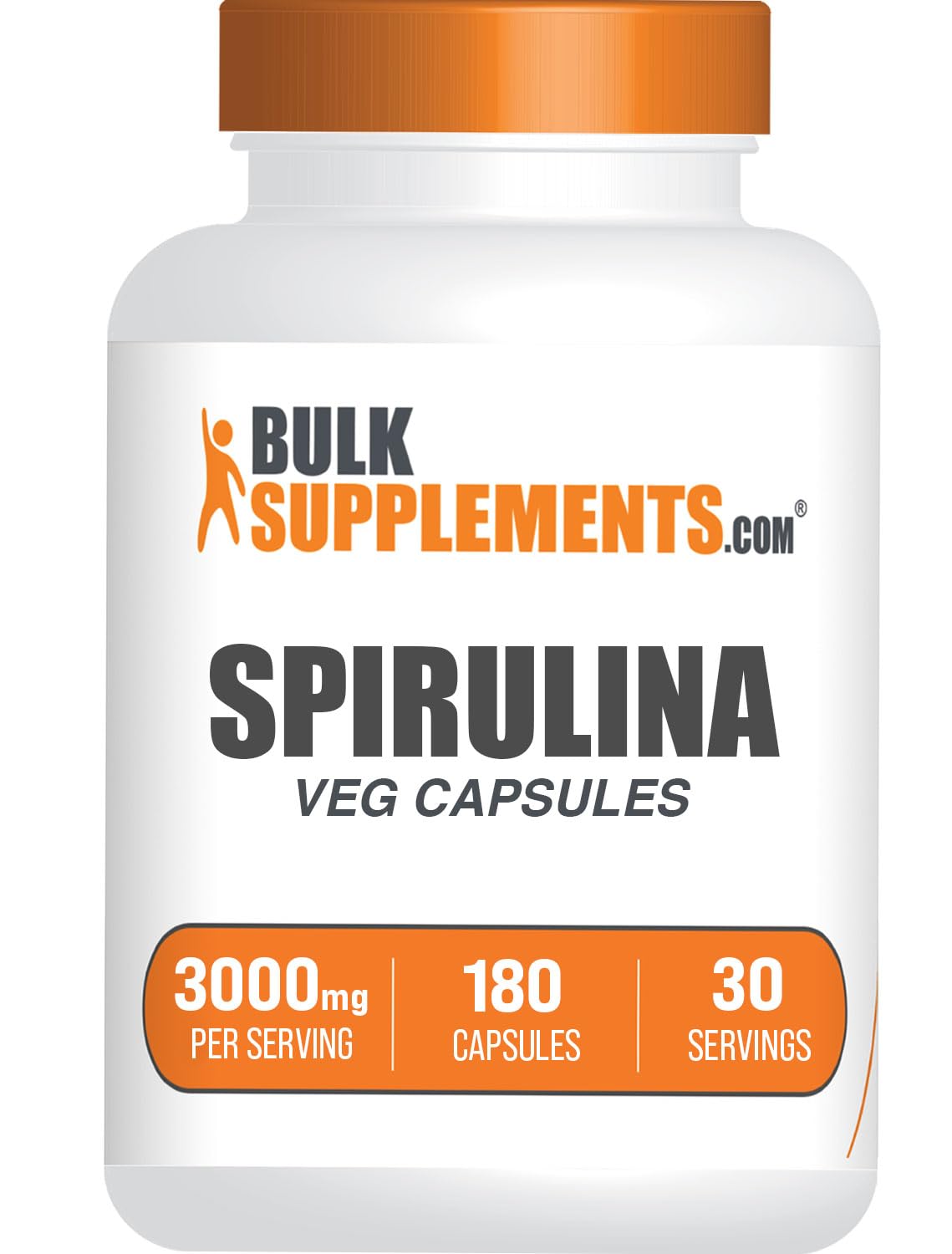 BulkSupplements frasco frontal de spirulina 180 cápsulas mostrando presentación clara